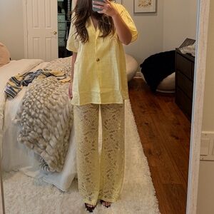 Yellow Button-Up Shirt and Lace Pants Set